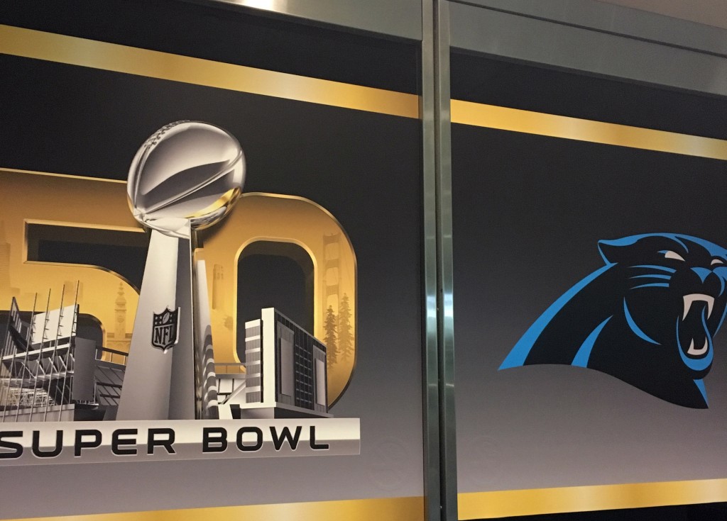 Panther Super Bowl 50 logos at convention center