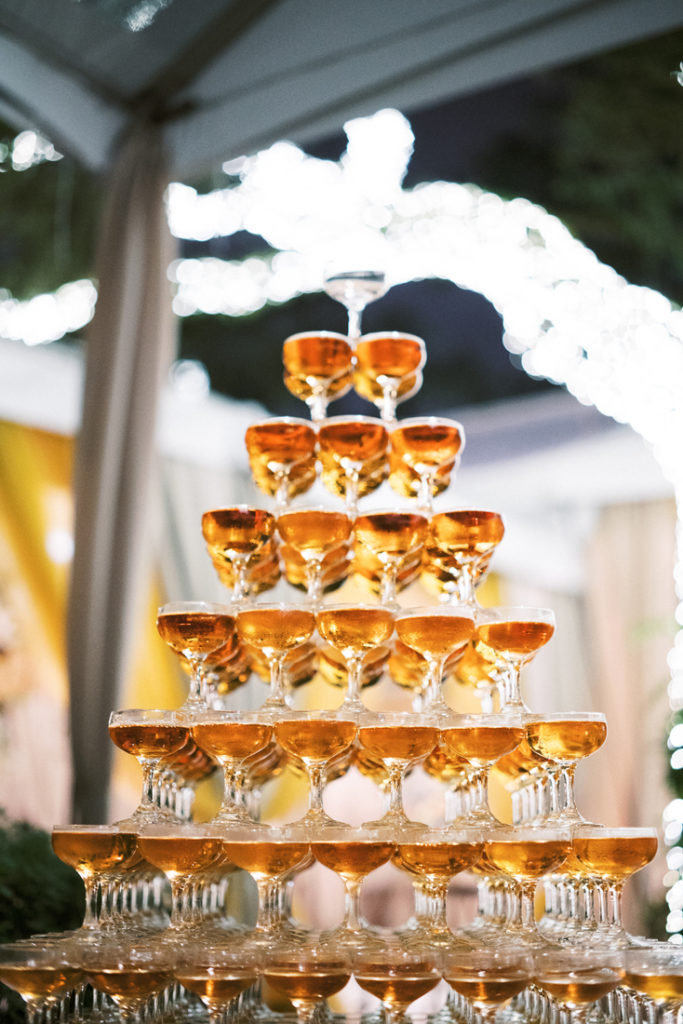 Champagne tower during wedding reception