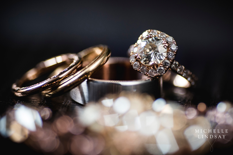 Cushion cut engagement ring with men's wedding band