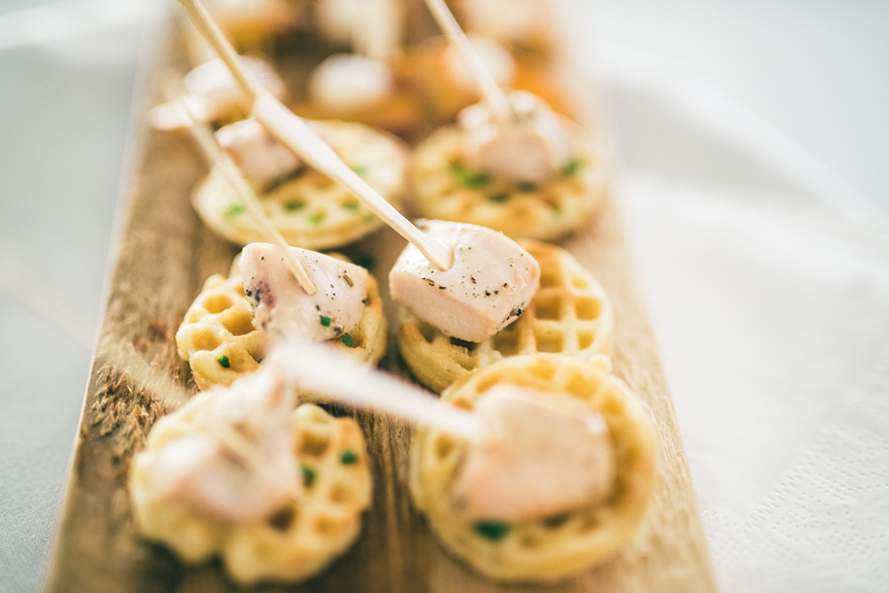 Chicken and waffles served at rustic farm wedding in Greensboro, NC.