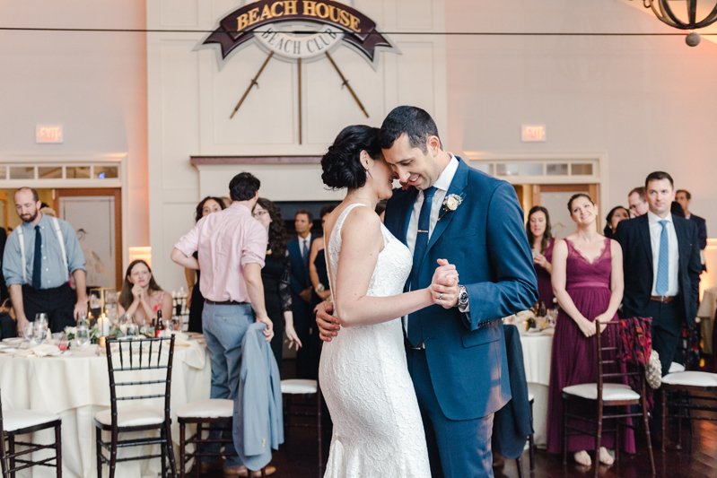 Bride and groom dancing to first dance during Bride and groom dancing The Hora at Jewish wedding at Chesapeake Bay Beach Club wedding.