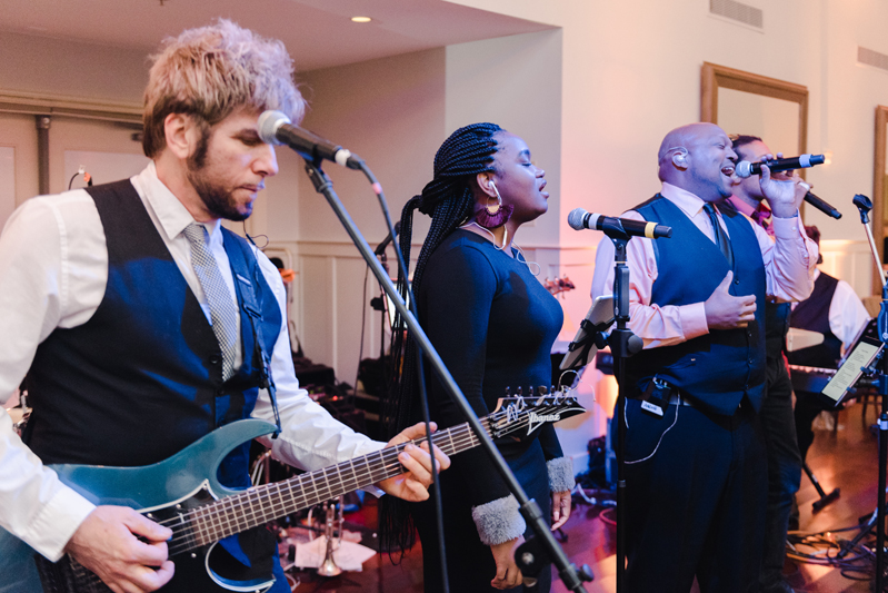 Broadsound band performing at Bride and groom dancing The Hora at Jewish wedding at Chesapeake Bay Beach Club wedding reception.