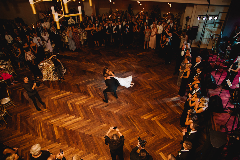 Aerial view of bride and groom dancing at The Lucy during their Philadelphia wedding