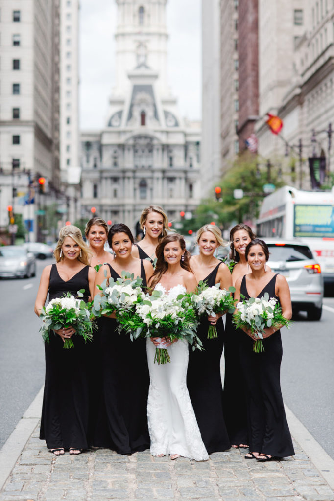 Bride and bridesmaids in Center City Philadelphia wedding