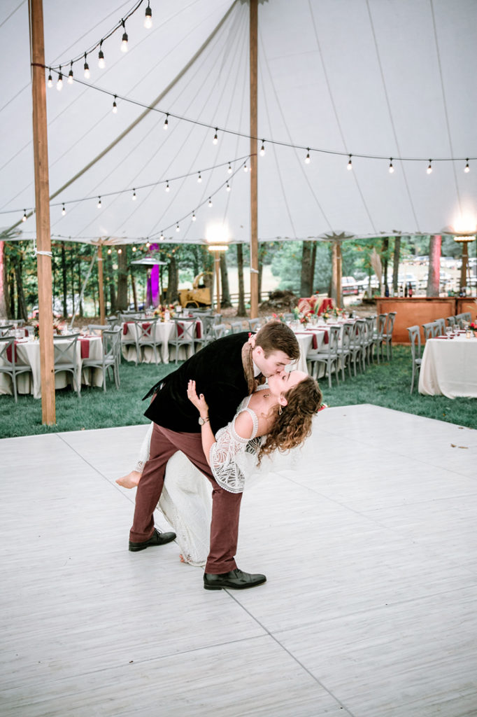 Bride and groom first dance during Bohemian style wedding.