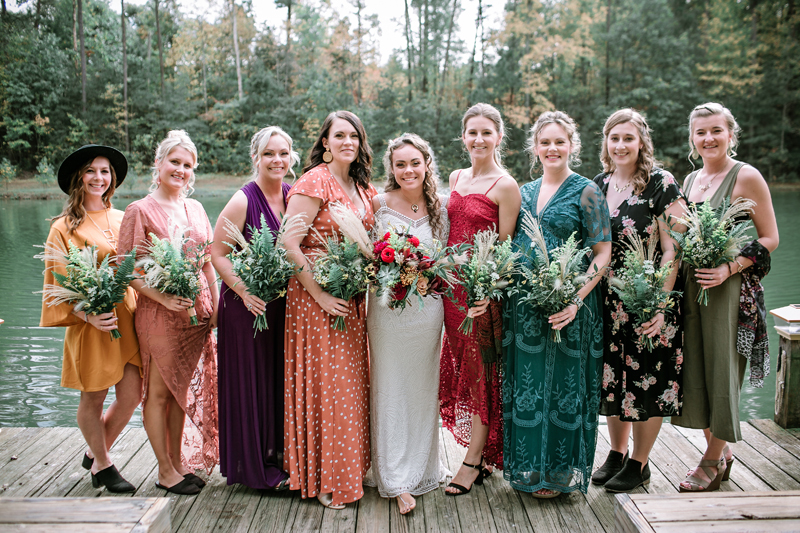 Bride and bridemaids at bohemian style wedding in Virginia.