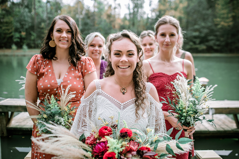 Bride and bridemaids at bohemian style wedding in Virginia.